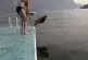 Corgi a peur de sauter dans l'eau