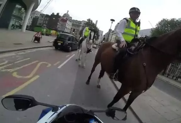 Flic à cheval arrête un motard un peu trop pressé