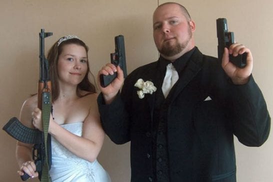 wedding couple with guns
