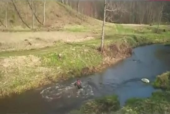 Saut à la perche au dessus d’un ruisseau