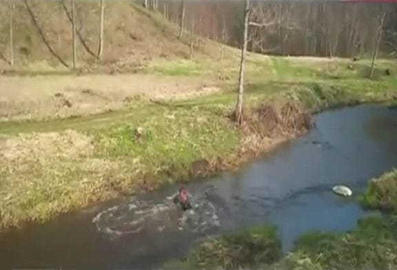 Saut à la perche au dessus d’un ruisseau